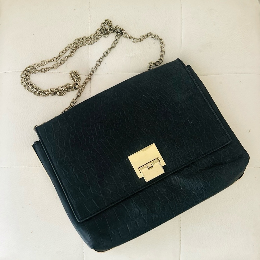 Black Vegan Leather Shoulder Bag Gold Chain Strap